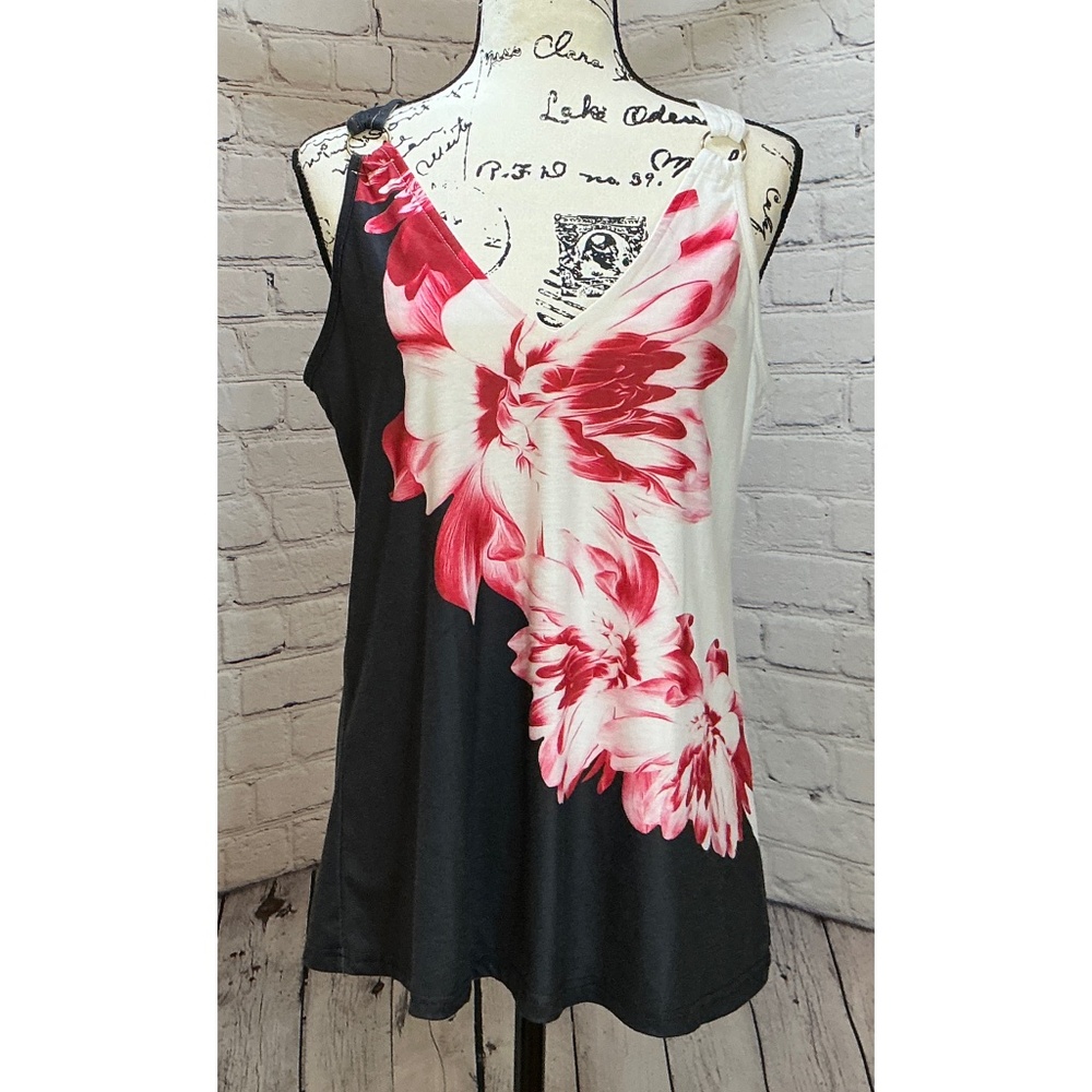 Women’s Floral Print Ring V-Neck Tank Top (Size L)